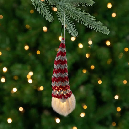 34316697 8 in. Lighted Knit Gnome Head Christmas Ornament, Red & Gray